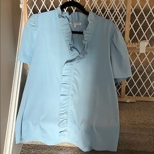 Ruffled V-Neck Short Sleeve Blouse — Light Blue